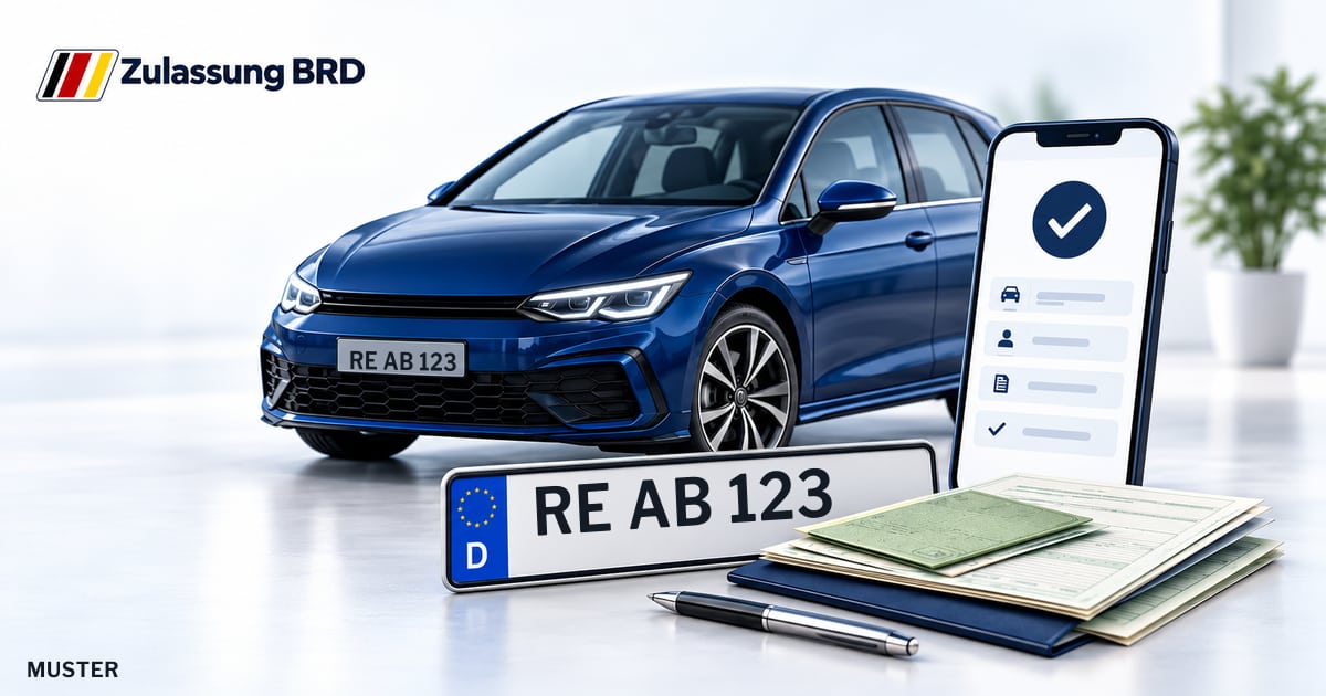 Online Fahrzeugzulassung in Marl: Musterkennzeichen RE AB 123, Auto und Fahrzeugpapiere und Smartphone. Illustration mit Logo von Zulassung BRD.